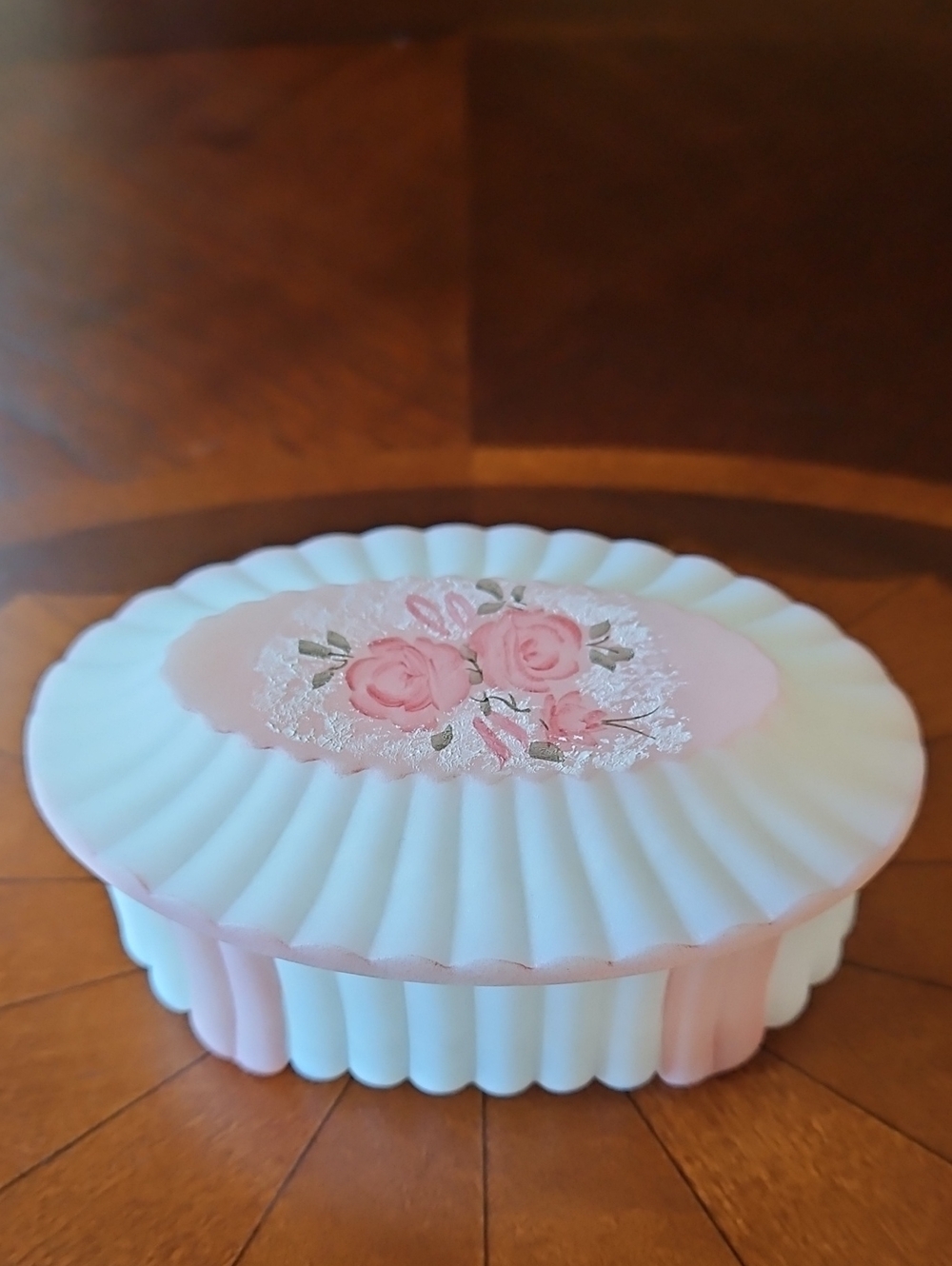 VTG Fenton Hand Painted 'C Mackey' Satin Milk Glass Oval Trinket Box w/Labels